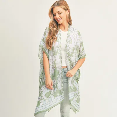 Fashnzfab Bohemian Patterned Cover Up Kimono Poncho In Green