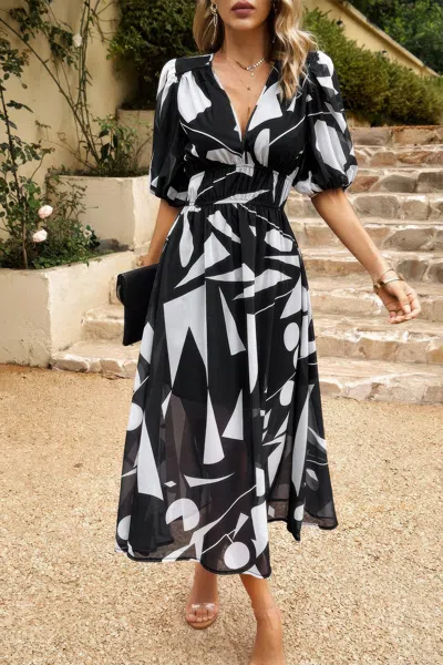 Fashnzfab Bohemian V Neck Elastic Waisted Band Midi Dress