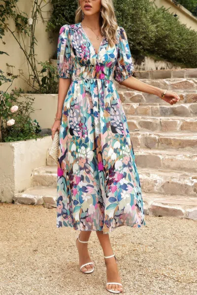 Fashnzfab Bohemian V Neck Elastic Waisted Band Midi Dress In Green