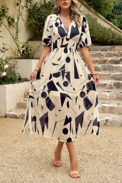 Fashnzfab Bohemian V Neck Elastic Waisted Band Midi Dress