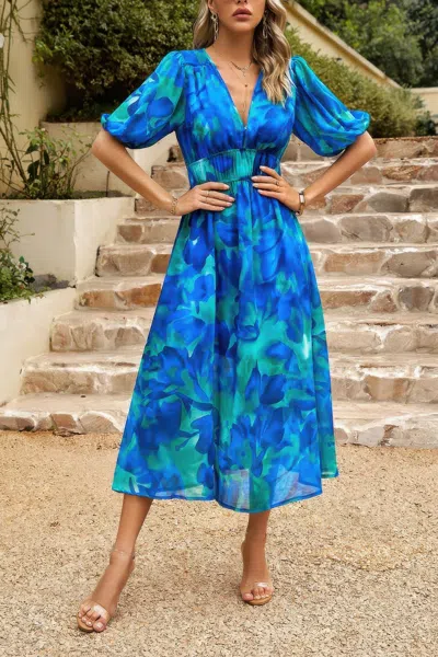 Fashnzfab Bohemian V Neck Elastic Waisted Band Midi Dress