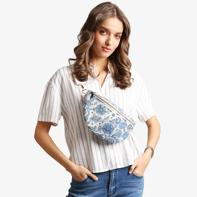 Fashnzfab Boho Abstract Pattern Embroidered Crossbody Belt Bag / Sling Bag / Fanny Pack In Blue
