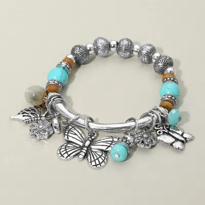 Fashnzfab Boho Butterfly Floral Beads Charm Beaded Stretch Bracelet In Silver