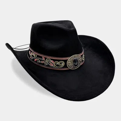 Fashnzfab Boho Concho Buckle Embroidered Band Accent Western Cowboy Hat In Black