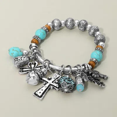 Fashnzfab Boho Cross Decorative Beads Charm Beaded Stretch Bracelet In Metallic