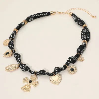 Fashnzfab Boho Cross Heart Religious Charm Fabric Braided Necklace In Black