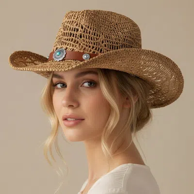 Fashnzfab Boho Decorative Band Accent Breathable Woven Western Cowboy Summer Fedora Sun Hat In Gold