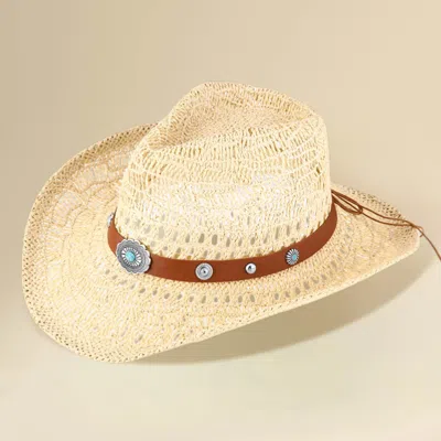 Fashnzfab Boho Decorative Band Accent Breathable Woven Western Cowboy Summer Fedora Sun Hat In Sand