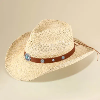 Fashnzfab Boho Decorative Band Accent Western Woven Cowboy Summer Fedora Hat In Sand