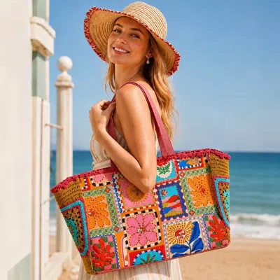 Fashnzfab Boho Embroidered Floral Patchwork Granny Square Side Large Structured Carryall Shoulder Tote Bag In Multi