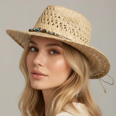 Fashnzfab Boho Evil Eye Accent Beaded Beaded Band Breathable Woven Western Summer Cowboy Fedora Sun Hat In Gold
