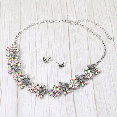 Fashnzfab Boho Floral Butterfly Link Necklace - Ab, Silver Burnished In Multi
