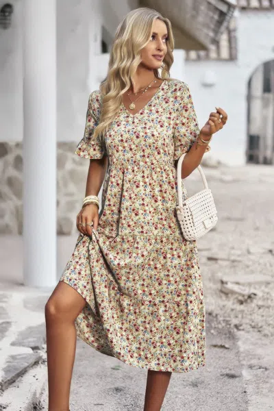 Fashnzfab Boho Floral Ruffle Hem V Neck Short Sleeve Dress In Sand