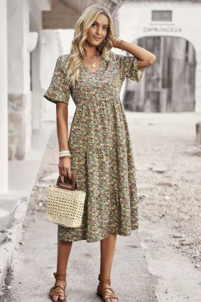 Fashnzfab Boho Floral Ruffle Hem V Neck Short Sleeve Dress