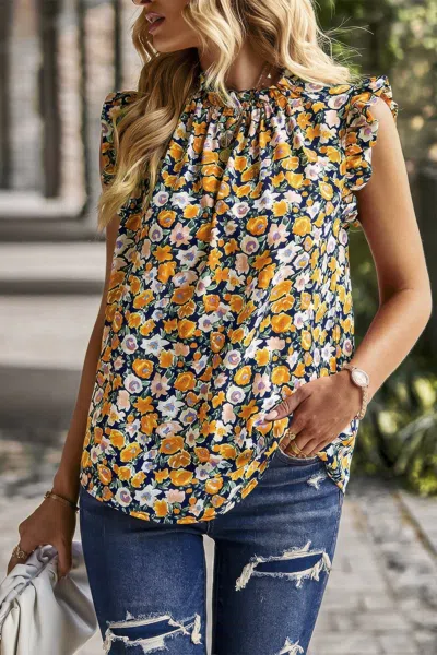 Fashnzfab Boho Floral Sleeveless Loose Fit Collar Top In Yellow