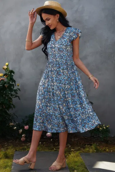 Fashnzfab Boho Floral V Neck Ruffle Sleeve A Line Midi Dress