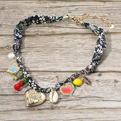 Fashnzfab Boho Flower Heart Sea Shell Mixed Playful Charm Fabric Necklace In Blue