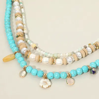 Fashnzfab Boho Flower Mother Of Pearl Natural Stone Charm Wood Beaded Multi Layered Strand Necklace In Blue