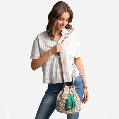 Fashnzfab Boho Flower Pattern Woven Tassel Crossbody Bucket Bag In Green