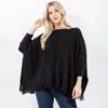 Fashnzfab Boho Fringe Hem Crochet Knit Poncho In Black