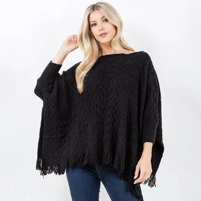 Fashnzfab Boho Fringe Hem Crochet Knit Poncho In Black