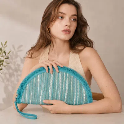 Fashnzfab Boho Fringe Textured Half Moon Clutch Bag In Blue