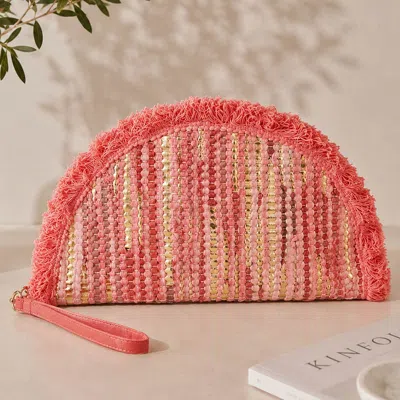 Fashnzfab Boho Fringe Textured Half Moon Clutch Bag In Pink