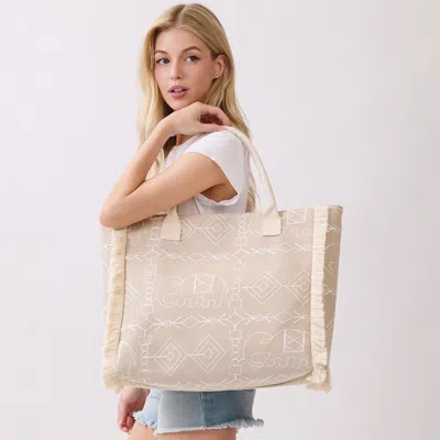 Fashnzfab Boho Geometric Elephant Print Fringe Tote Bag In Gray