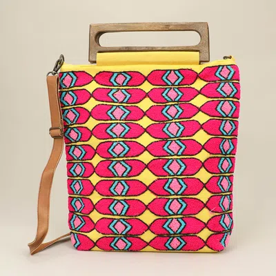 Fashnzfab Boho Geometric Pattern Wooden Handle Tote / Crossbody Bag In Multi