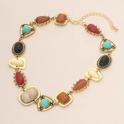 Fashnzfab Boho Geometric Stone Plate Link Statement Necklace In Multi