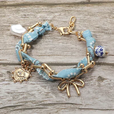 Fashnzfab Boho Heart Bow Pearl Evil Eye Charm Station Hardware Chain Fabric Bracelet In Gold