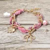 Fashnzfab Boho Heart Bow Pearl Evil Eye Charm Station Hardware Chain Fabric Bracelet In Pink