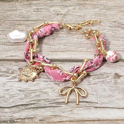 Fashnzfab Boho Heart Bow Pearl Evil Eye Charm Station Hardware Chain Fabric Bracelet In Pink