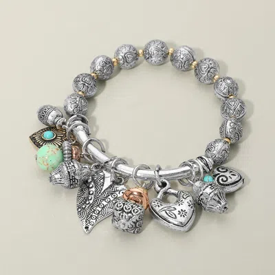 Fashnzfab Boho Heart Decorative Beads Charm Beaded Stretch Bracelet In Silver
