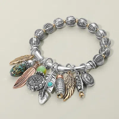 Fashnzfab Boho Leaf Feather Wing Beads Charm Beaded Stretch Bracelet In Pattern