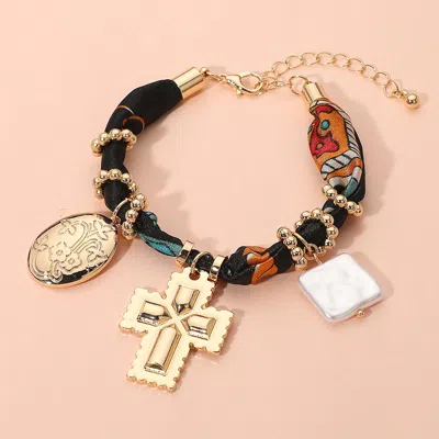 Fashnzfab Boho Metal Cross Square Pearl Floral Oval Charm Fabric Bracelet - Black, Gold In Multi
