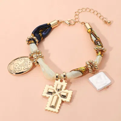 Fashnzfab Boho Metal Cross Square Pearl Floral Oval Charm Fabric Bracelet - Gold, Navy In Multi