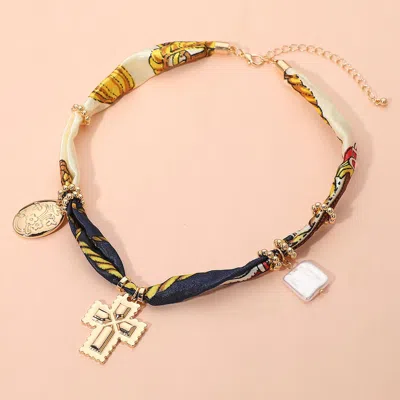 Fashnzfab Boho Metal Cross Square Pearl Floral Oval Charm Fabric Necklace - Gold, Navy In Multi