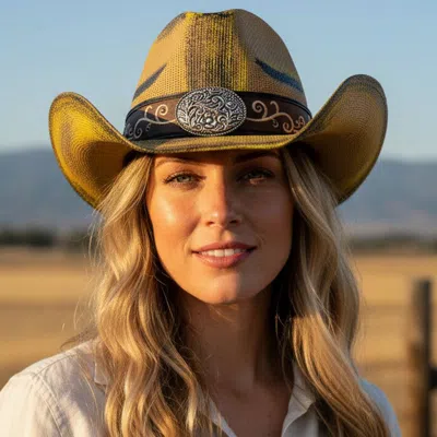 Fashnzfab Boho Metal Ornate Oval Buckle Accent Faux Leather Band Antique Wash Straw Western Cowboy Hat In Brown