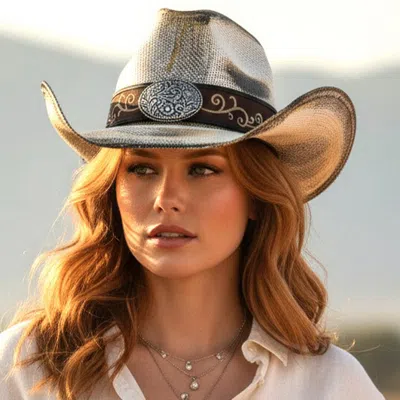 Fashnzfab Boho Metal Ornate Oval Buckle Accent Faux Leather Band Antique Wash Straw Western Cowboy Hat In Gold