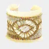 Fashnzfab Boho Multi Bead Embellished Tassel Trimmed Cuff Bracelet Neutral In Sand