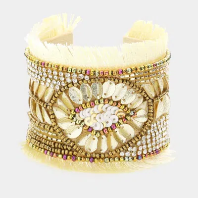 Fashnzfab Boho Multi Bead Embellished Tassel Trimmed Cuff Bracelet Neutral In Sand