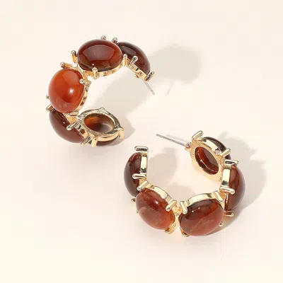 Fashnzfab Boho Oval Resin Pebble Stone Hoop Earrings In Brown