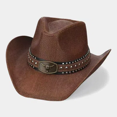 Fashnzfab Boho Oval Steer Head Buckle Studded Faux Leather Band Straw Western Cowboy Hat In Brown
