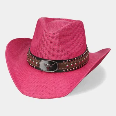 Fashnzfab Boho Oval Steer Head Buckle Studded Faux Leather Band Straw Western Cowboy Hat In Pink