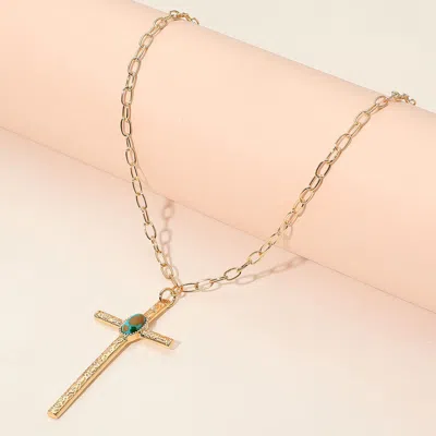 Fashnzfab Boho Oval Stone Accent Cross Pendant Necklace In Gold