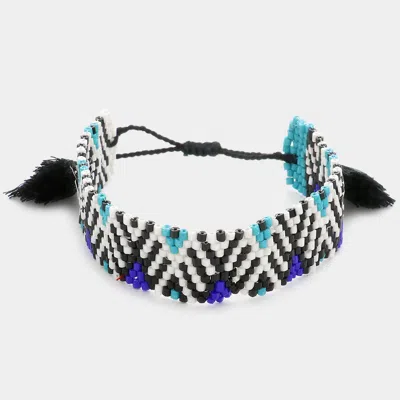 Fashnzfab Boho Patterned Beaded Tassel Pull Tie Cinch Bracelet Blue, Gold