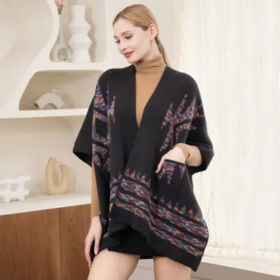 Fashnzfab Boho Patterned Front Pockets Poncho In Black