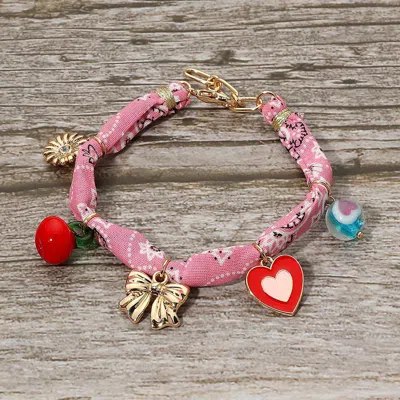 Fashnzfab Boho Playful Heart Bow Charm Station Fabric Bracelet Pink