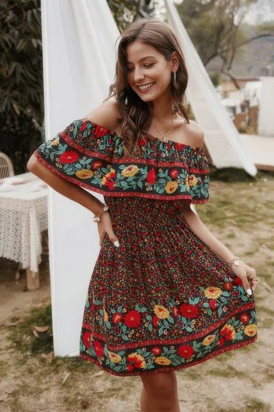 Fashnzfab Boho Print Cut Ruffle Accented Pleated Short Dress